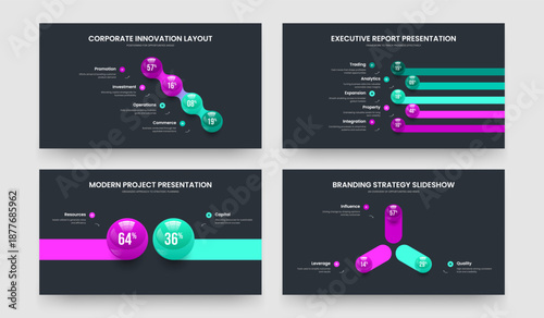 Enterprise Insight Four Five Two Three Option Infographic Presentation Template Vector Illustration Bundle. Digital Briefing 4 5 2 3 Element Graph Slideshow Layout Collection.