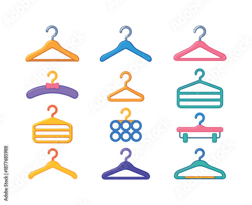 Colorful Hanger Icons. Closet hangers. Colorful flat vector icons set of closet hangers: wooden hanger, plastic hanger, metal hanger, padded hanger, hanger