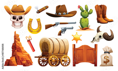 Wild West collection with wagon, cactus, skulls, horseshoe, and cowboy gear. Vector cartoon illustration