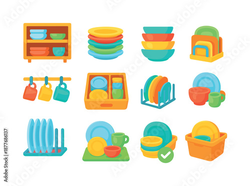 Colorful Dish Storage Icons. Dish storage. Colorful flat vector icons set of Dish storage: cabinet shelves, plate stack, bowl tower, mug hooks,