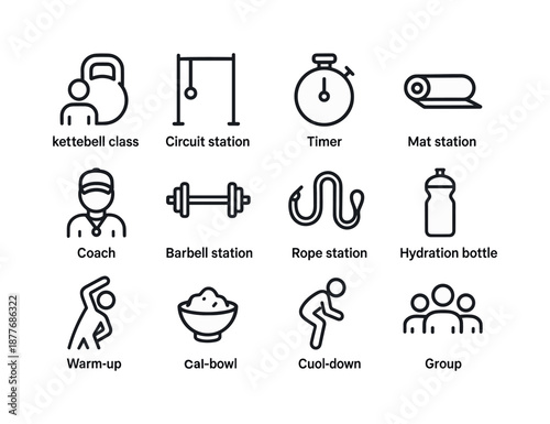 Cross-Training Icon Set. Cross-training classes. Line icon set of Cross-training classes: kettlebell class icon, circuit station, timer, mat station, barbell