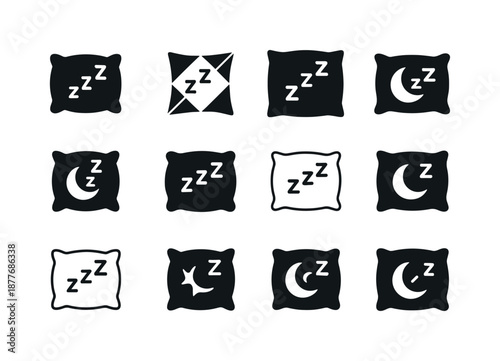 Sleep Sound Icons. Relaxing sounds for sleep. Icon set. Set Logo of relaxing sounds for sleep: soft pillow symbol. harmonious logo variations of the same