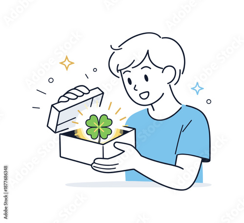 Discovering Hidden Luck. Finding luck. A person opening a simple box or envelope with a small glowing symbol inside. Quiet sense of surprise and pleasant