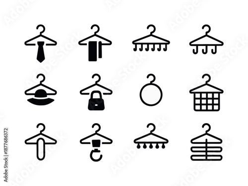 Accessory Hanger Icons. Accessory hangers. Solid icon set of accessory hangers: tie hanger, scarf hanger, belt hanger, jewelry hook, hat hanger, bag hook,
