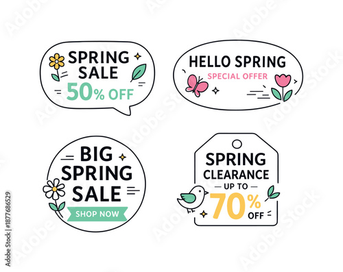 Spring Sale Badges. Spring holiday sale badges. Modern minimal badge collection designed for seasonal promotions, light and optimistic atmosphere. Rounded