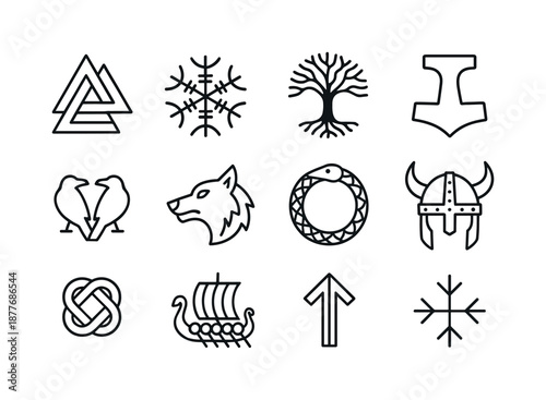 Norse Symbol Icons. Runes and symbols. Line icon set of Norse symbols: Valknut, Helm of Awe, Yggdrasil tree, Mjolnir hammer, ravens pair, wolf head, world