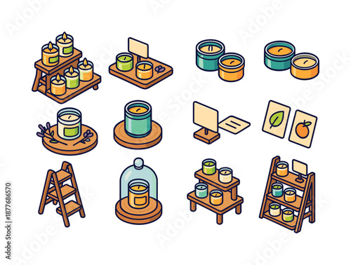 Eco Candle Icons Display. Eco candle display. Colorful isometric vector icons set of eco candle display: tiered stand, display tray, candle jars, tin candles,