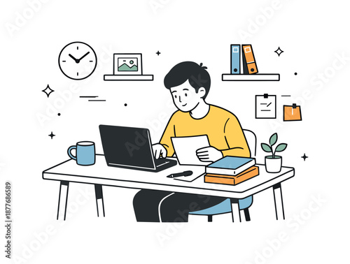 Peaceful Home Office. Home office setup. A person working from a small home desk with a laptop and documents, maintaining concentration. Organized workflow and