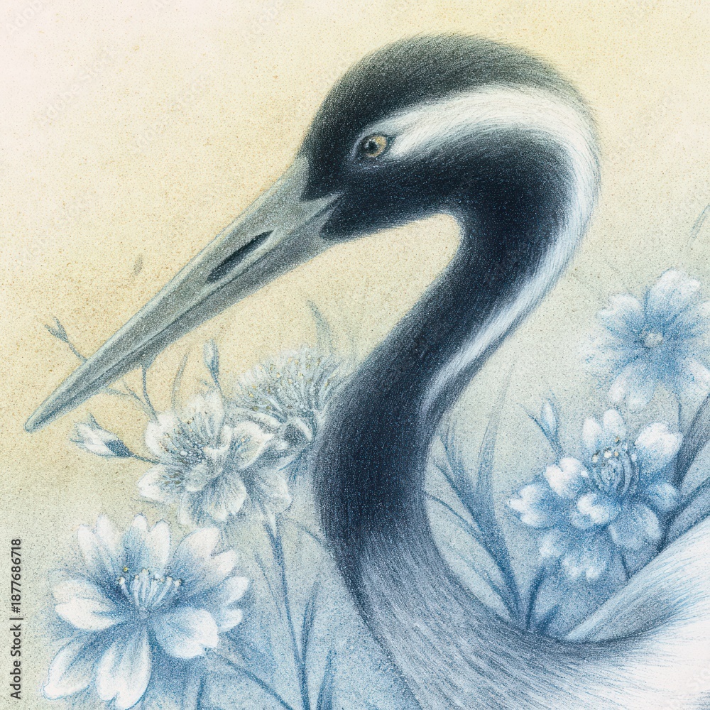 Fototapeta premium Delicate crane with detailed plumage, soft gaze, surrounded by muted blue floral accents