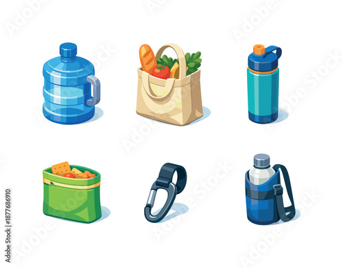 Isometric Eco Products. Reusable bags and bottles. Isometric flat vector icons set of Reusable bags and bottles: reusable water jug, eco shopping bag with
