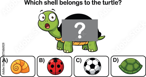 Cartoon turtle shell puzzle, matching game, visual quiz for kids, animal recognition activity, educational fun, flat vector illustration