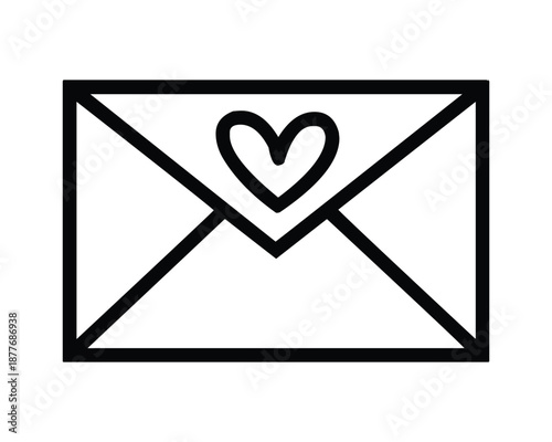 Black and White Envelope Icon with Heart Symbol, Love Letter Illustration, Simple Line Art Design