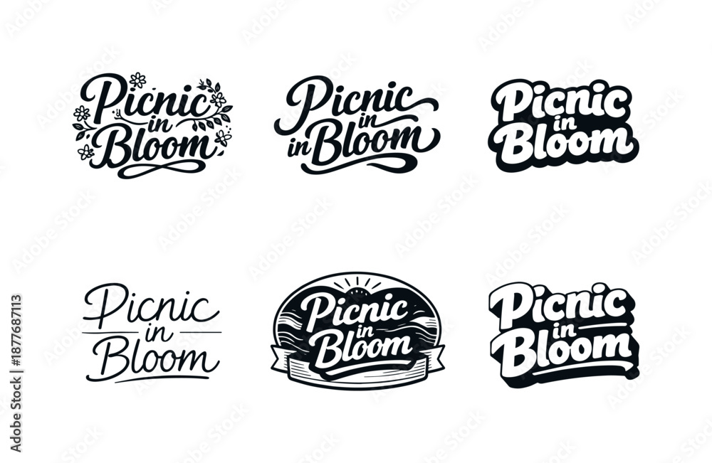 Obraz premium Harmonious Lettering Variations. Picnic in Bloom. Set lettering. harmonious lettering variations of the same emblematic concept, each with different artistic
