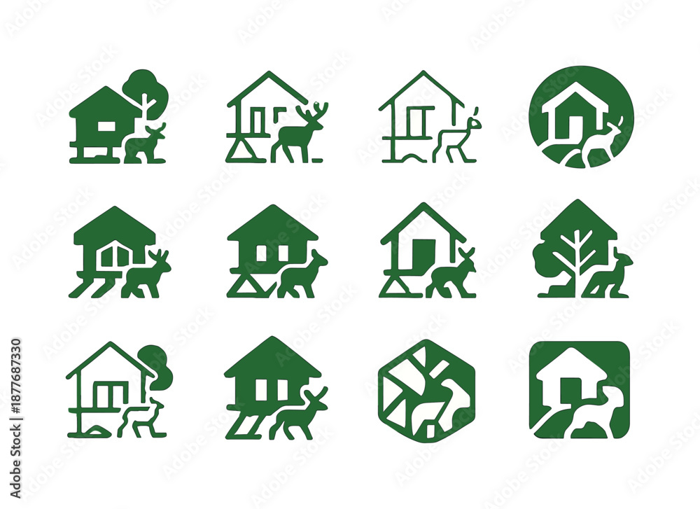 Fototapeta premium Eco-Tourism Logo Variations. Eco-tourism with wildlife preservation. Icon set. Set Logo of eco-tourism with wildlife preservation: eco-lodge silhouette.