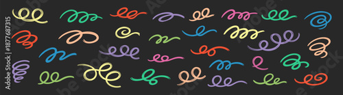Bold hand drawn colorful curved lines and swirled brush strokes, playful grunge doodle scribbles and squiggles vector set 