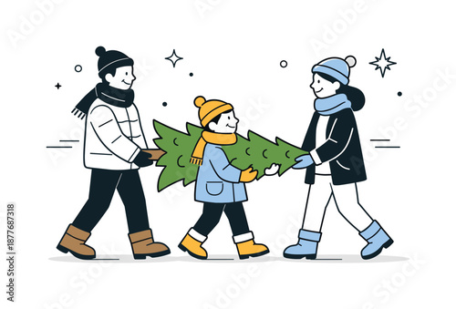 Carrying Christmas Tree. Carrying Christmas tree home together. Family walking carefully while holding a small Christmas tree, winter clothes and relaxed