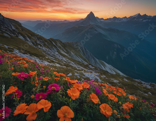 Landscape, a mountain peak at sunrise with a colorful flower background. A mountain landscape with flowers in autumn.