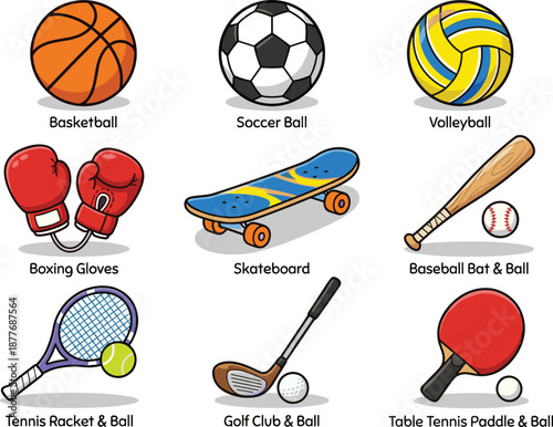 Cartoon sports equipment set, basketball, soccer ball, boxing gloves, skateboard, tennis, golf, baseball, flat vector illustration