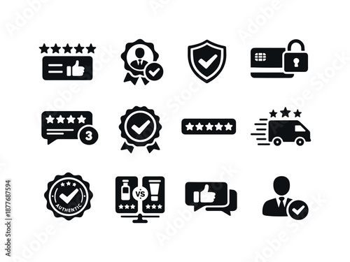 E-commerce Icon Set. E-commerce credibility. Solid icon set of e-commerce credibility: product rating, verified seller, trust seal, secure payment icon, review