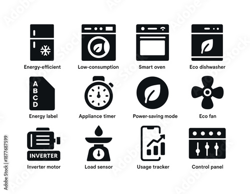 Energy-Saving Appliance Icons. Energy-saving appliances. Solid icon set of energy-saving appliances: energy-efficient fridge, low-consumption washer, smart