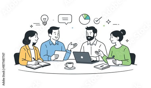 Collaborative Business Discussion. Business meeting. Professionals sitting around a table, calmly discussing ideas and sharing notes. Friendly collaboration