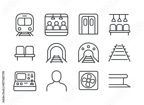 Subway Line Icons. A subway train moving through underground tunnels, with passengers inside. Line icon set of A subway train moving through underground