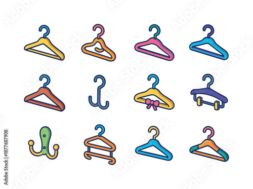 Colorful Hanger Icons. Hanger hook. Colorful isometric vector icons set of hanger hook: classic clothes hanger, swivel hook, velvet hanger, plastic hanger,