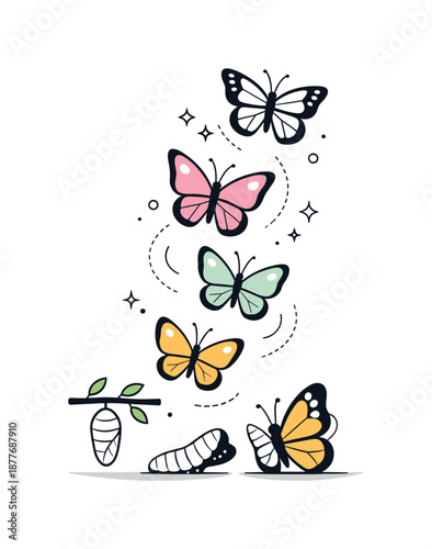 Butterflies Lifting Upward. Emerging butterflies editorial design. Clean modern illustration with butterflies lifting upward, airy composition expressing