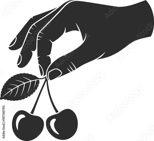 Hand Holding Cherries Silhouette Botanical Vector Illustration.