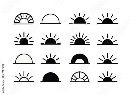 Sunrise Sunset Logos. Sunrise and sunset. Icon set. Set Logo of sunrise and sunset: sunbeam arch. harmonious logo variations: Abstract geometric, Minimal