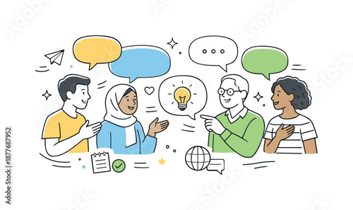 Inclusive Communication Illustration. Inclusive communication. People exchanging messages and ideas through speech bubbles. Open dialogue and understanding,