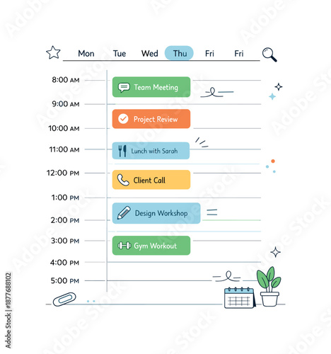 Weekly Schedule Design. Weekly calendar UI. A modern editorial scene with a vertical weekly schedule, time slots and small event cards aligned