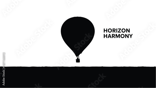 Black hot air balloon silhouette against a white sky with a dark horizon line.