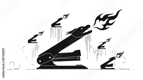 Creative stapler transforms into fierce dragon breathing fire, symbolizing powerful innovation and office energy.
