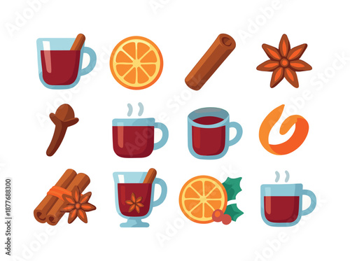 Mulled Wine Icons. Mulled wine. Colorful flat vector icons set of Mulled wine: red wine mug, orange slice, cinnamon stick, star anise, clove spice, steaming