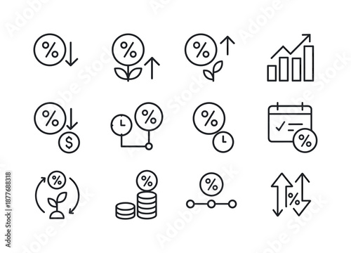 Interest Rate Icons. Interest Rate Concepts. Line icon set of Interest Rate Concepts: nominal rate, real rate, effective rate, variable rate, fixed rate,