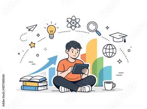 Curious Student Journey. Education and learning growth concepts. Student exploring knowledge with books, tablet, and rising abstract shapes, calm curiosity and