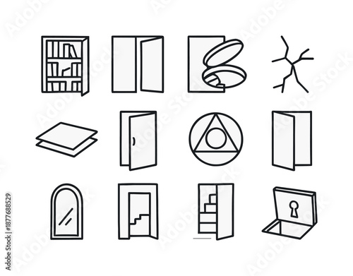 Secret Doorways Icons. Secret doorways. Line icon set of Secret doorways: bookshelf door, hidden passage, underground hatch, wall crack, floor panel, rotating