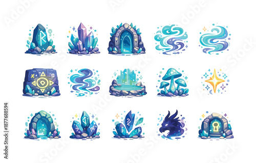 Mystical Cavern Icons. Mystical caverns. Colorful flat vector icons set of mystical caverns: glowing rune stone, enchanted crystal, mysterious doorway,