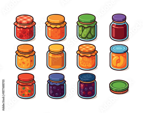 Vibrant Preserve Icons. Homemade preserves. Colorful isometric vector icons set of homemade preserves: jam jar, jelly jar, pickles jar, syrup jar, chutney jar,