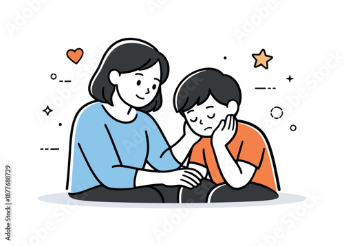 Comforting Parent Moment. Supportive parenting scene. A parent offering comfort and reassurance to a child. Gentle care, patience, and emotional warmth