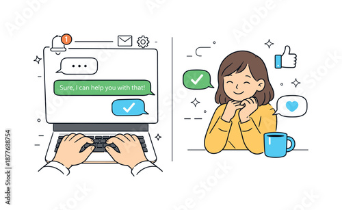 Calm Chat Interaction. Online customer service. Person typing a response in a chat interface while a customer feels reassured on the other side of the screen.