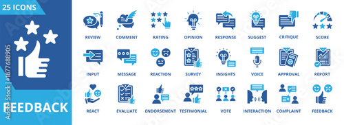 Feedback icon collection set. Containing review, comment, rating, opinion, response, suggest, critique, score icon. Simple flat vector