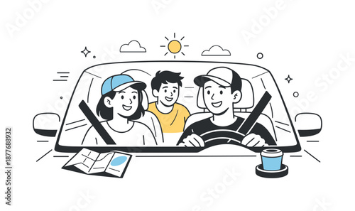 Joyful Road Trip. Road trip together. People sitting in a car, smiling and looking ahead at the open road. Relaxed travel mood and friendly companionship in a
