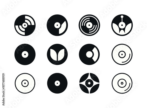 Indie Music Logos. Indie music. Icon set. Set Logo of indie music: vinyl record circle. harmonious logo variations of the same emblematic concept, each with