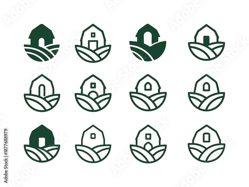 Eco Farm Logo Set. Eco farming. Icon set. Set Logo of eco farming: eco-certified farm emblem. harmonious logo variations of the same emblematic concept, each