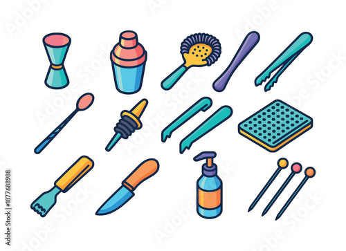 Bartending Tools Icons. Bartending tools. Colorful isometric vector icons set of Bartending tools: jigger, cocktail shaker, strainer, muddler, bar spoon, pour