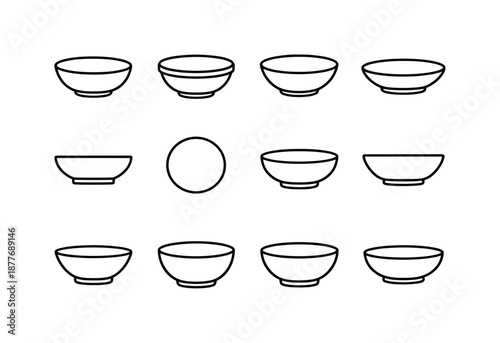 Bowl Icon Set. Bowl. Line icon set of Bowl: empty bowl, round ceramic bowl, deep soup bowl, shallow bowl, bowl side view, bowl top view, simple kitchen bowl,