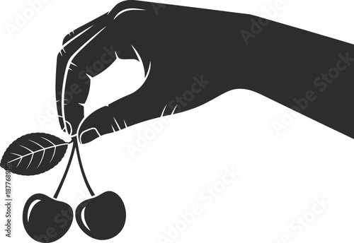 Hand Holding Cherries Silhouette Botanical Vector Illustration.