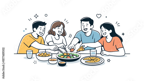Friends Dining Together. Eating together with friends. Small group laughing and talking while reaching for food, gentle movement and open body language. Social